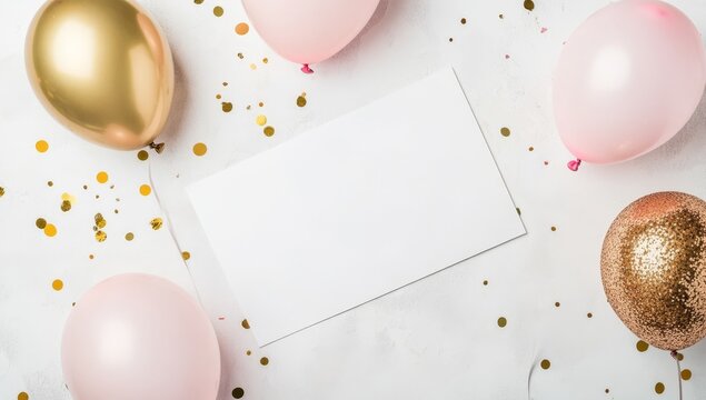 Blank card surrounded by pink and gold balloons and confetti. (2)