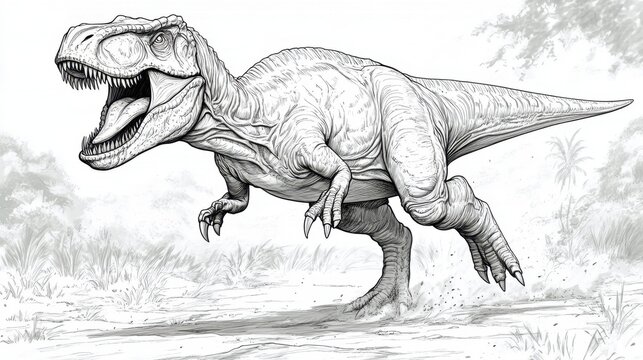Explore creativity with a dynamic dinosaur coloring page featuring a roaring tyrannosaurus rex in its prehistoric habitat
