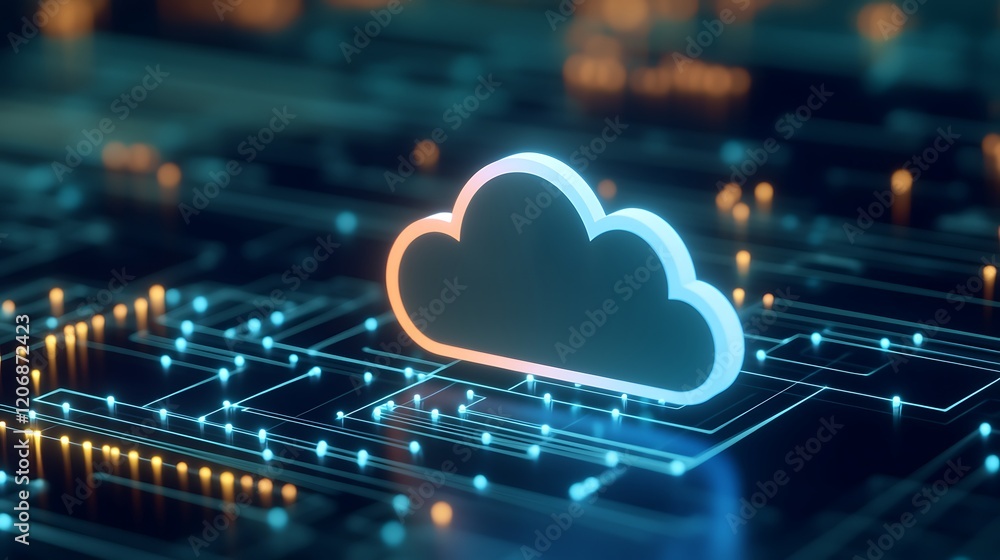 Aufkleber cloud computing concept with digital circuit board background in neon colors for technology themes