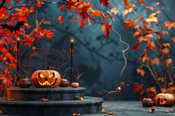 Spooky Halloween Pumpkin Display with Candles and Fall Leaves