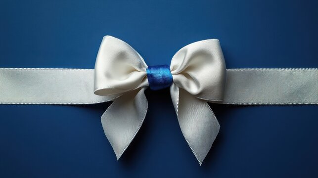Elegant white satin bow with blue accent on a deep blue background, perfect for special occasions and gift wrapping decor