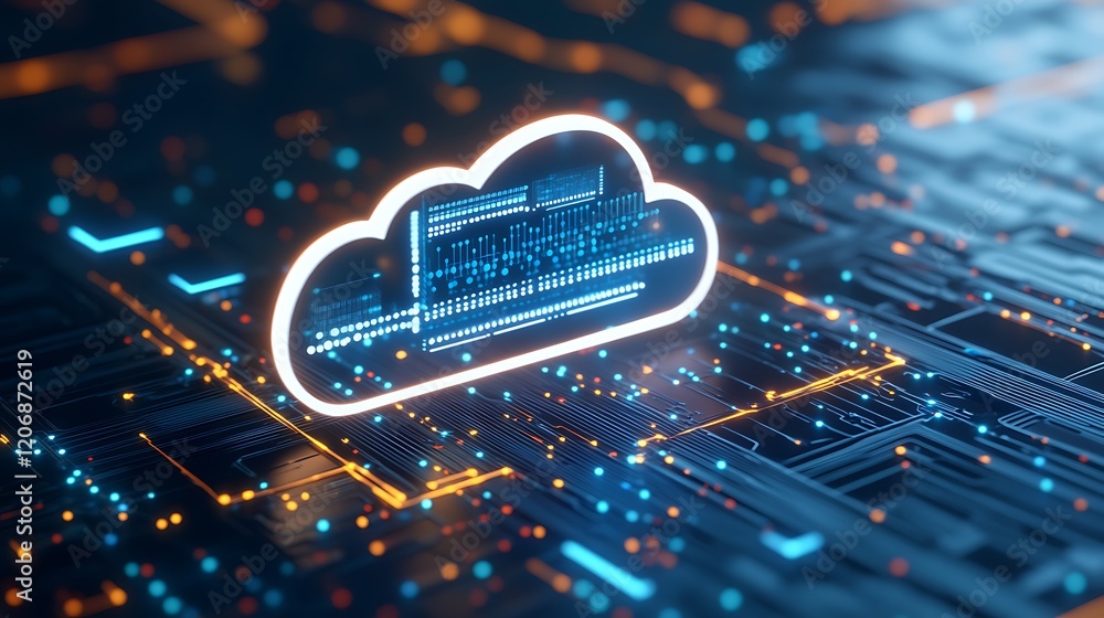 Poster cloud computing concept with digital data flow and circuit patterns in blue and orange lights