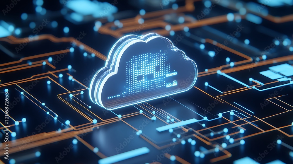 Poster cloud computing concept with digital connections and circuit board design in blue and orange colors