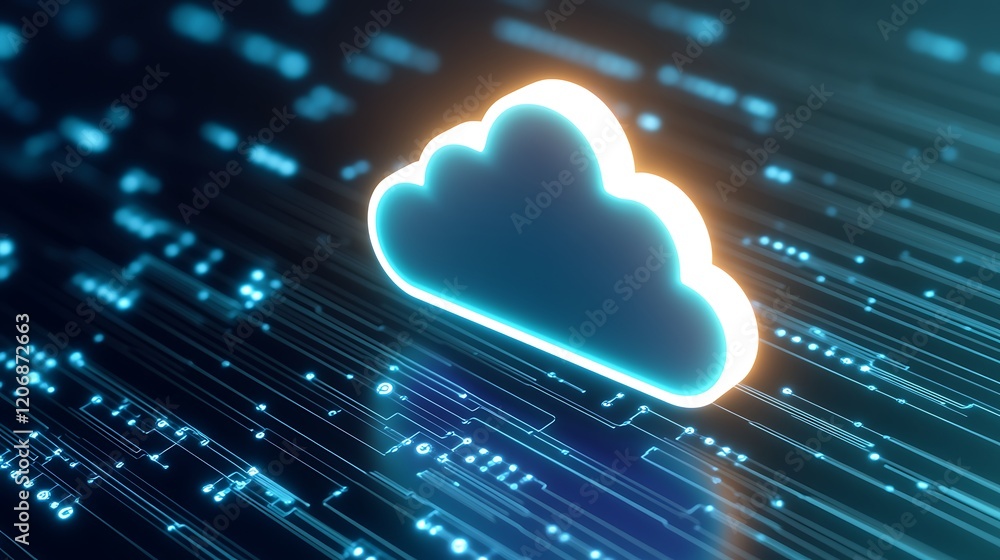 Poster cloud computing concept with digital data flow and cloud icon on futuristic background