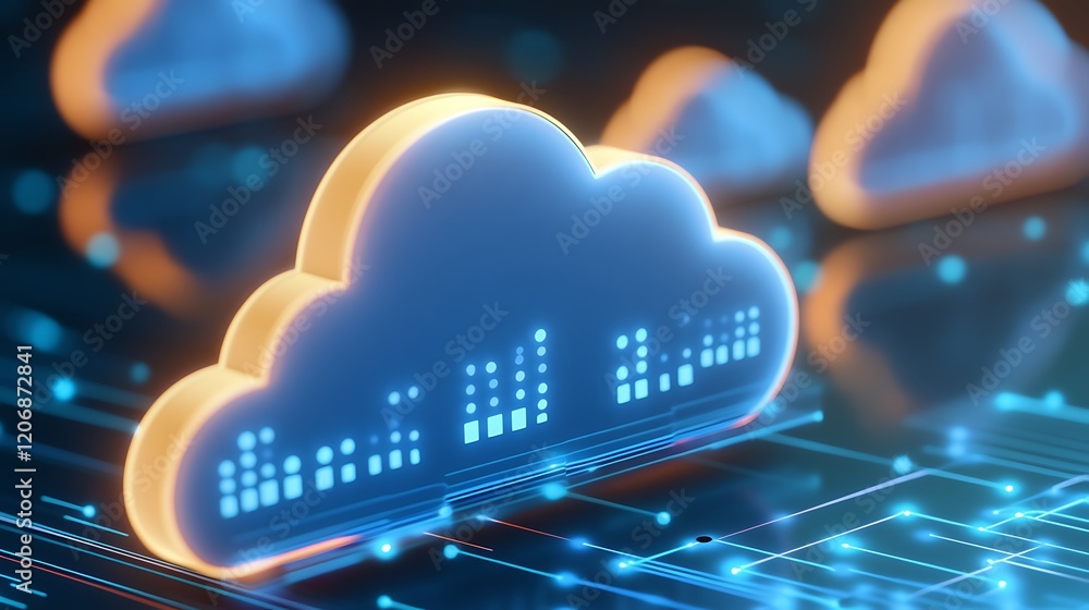 Poster cloud computing concept with digital sound waves and neon lights for modern technology background