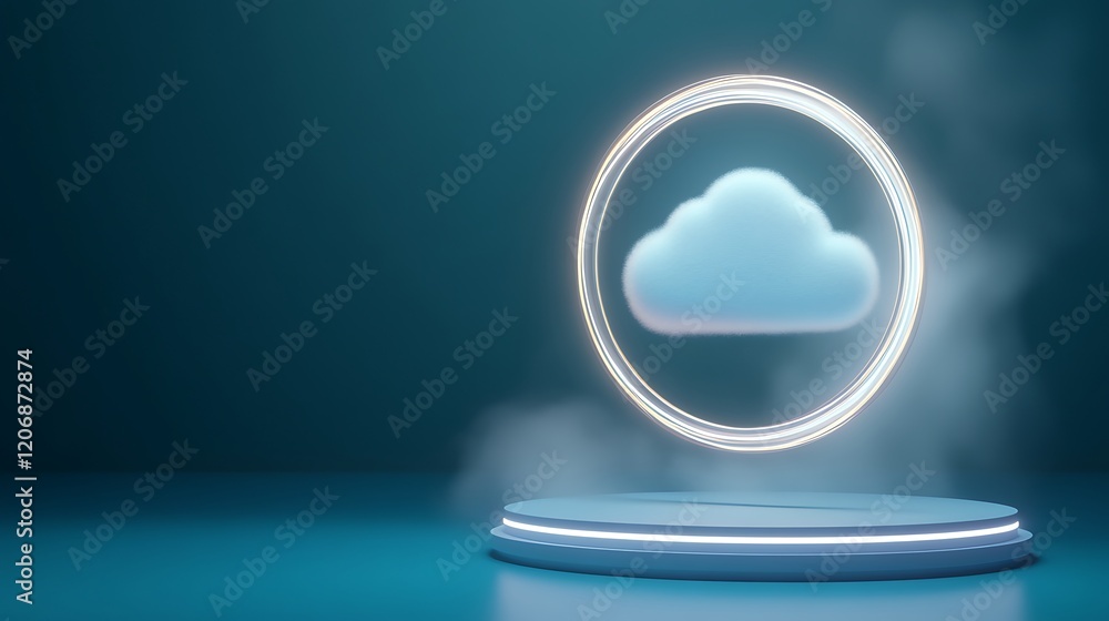 Poster cloud computing concept with elegant light effect on a modern pedestal in a stylish blue background