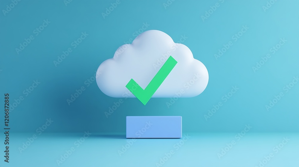 Aufkleber cloud computing concept with green check mark representing success and data validation on blue backg