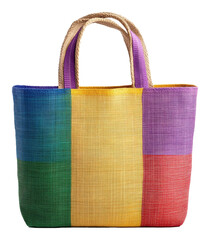 Colorful woven tote bag with natural handles, vibrant fashion accessory concept