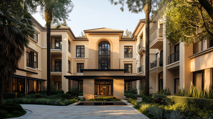 Fototapeta premium Luxury Apartments Courtyard Mediterranean Architecture, Palm Trees, Landscaping