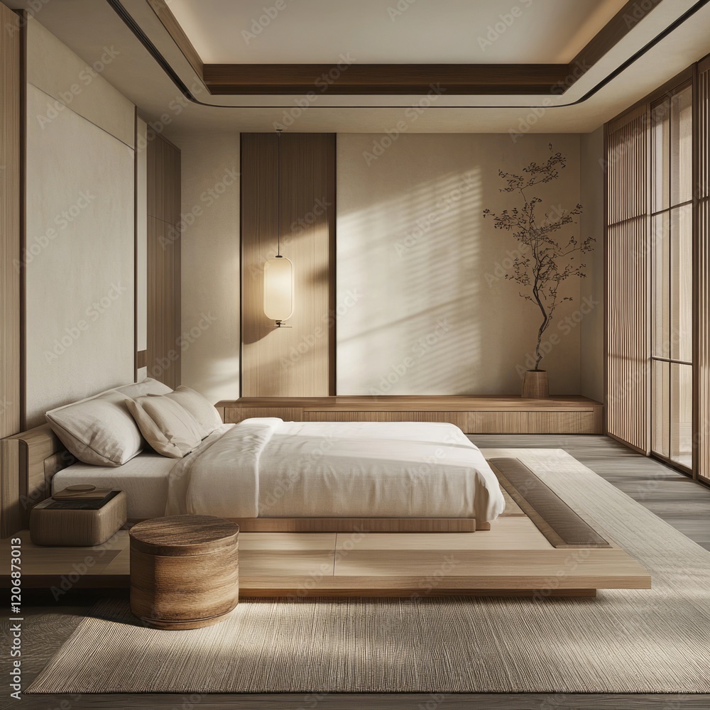 Wall mural Serene Minimalist Bedroom Design Featuring Wooden Accents