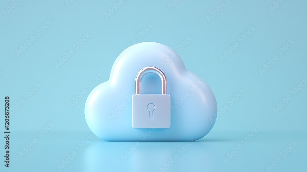 Poster cloud computing security concept with light blue cloud and padlock on soft background in modern styl
