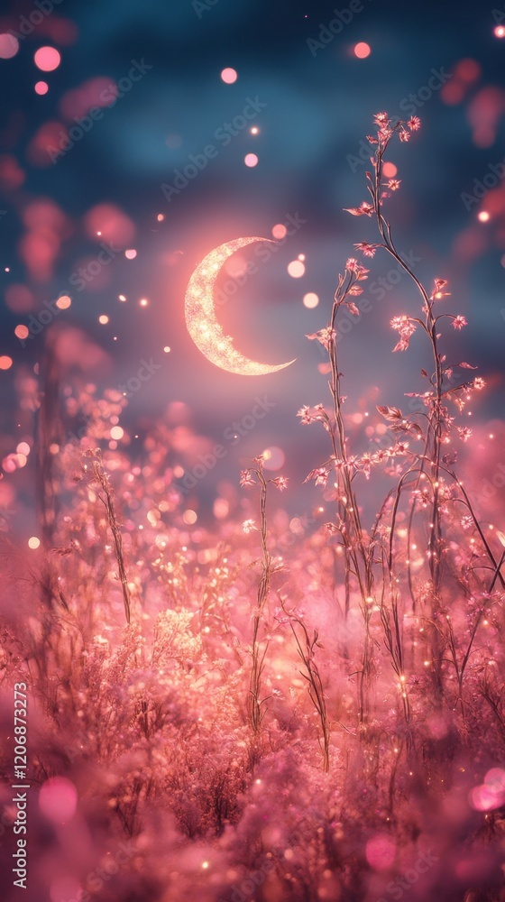 Poster enchanting twilight dreamscape with a crescent moon illuminating delicate blossoms in a mystical fie