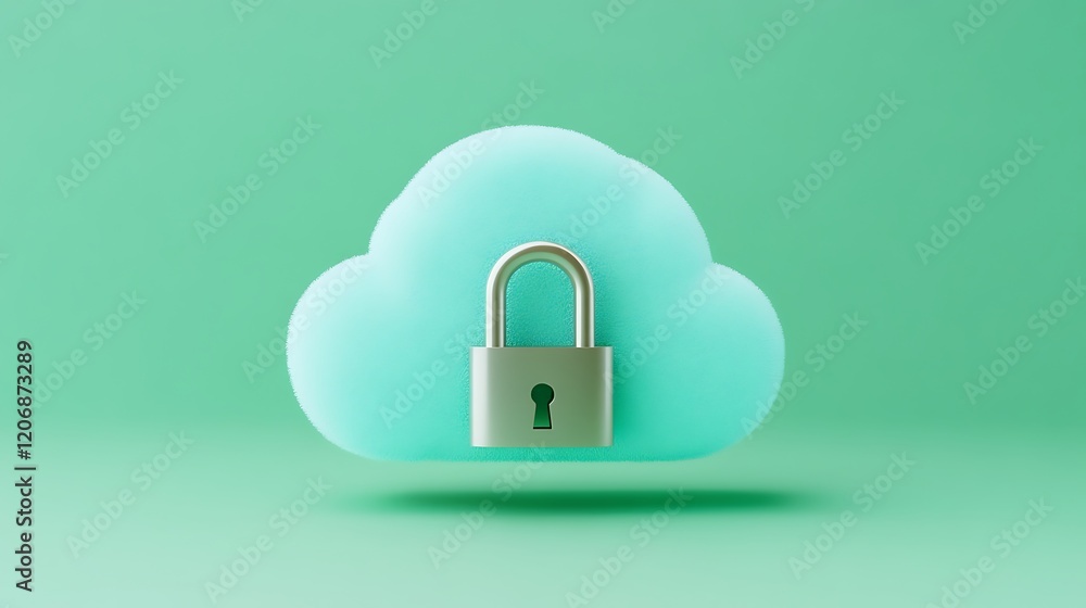Poster cloud computing security concept with padlock on cloud background, data protection and privacy techn