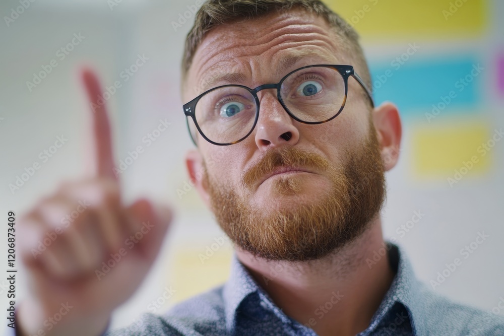 Poster man with glasses gestures emphatically during a discussion in a modern office setting in broad dayli