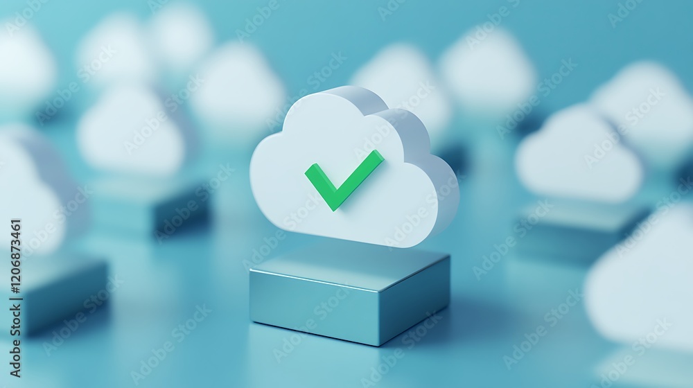 Poster cloud computing symbol with green checkmark representing successful data management and quality assu