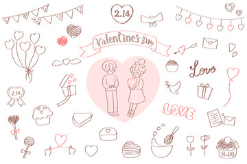 バレンタイン　線画のゆる可愛い手書きのイラストセット