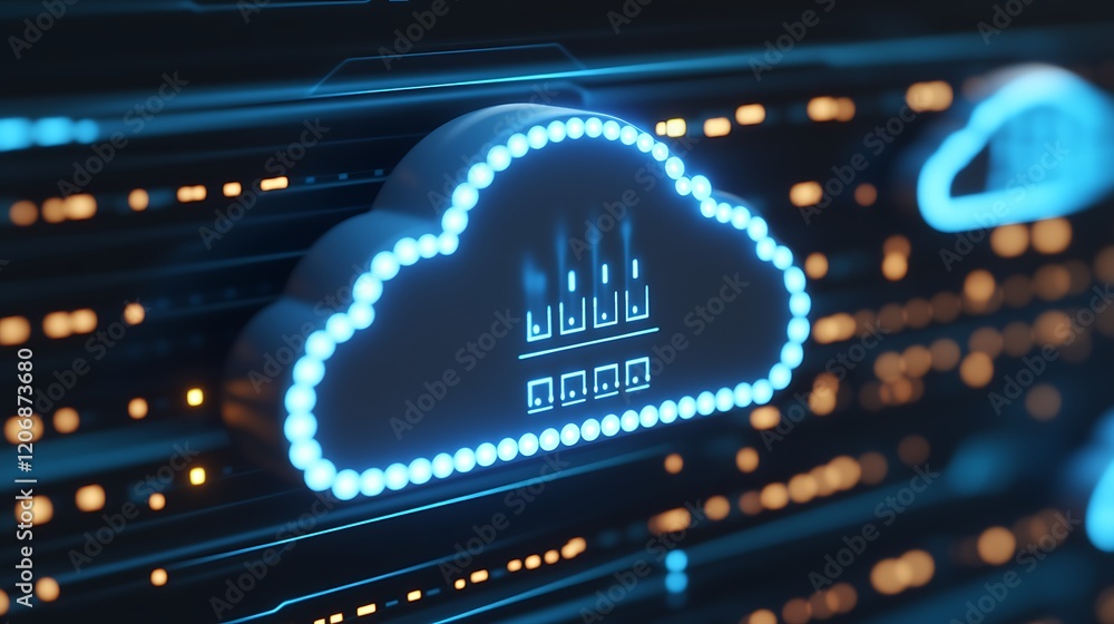 Poster cloud computing technology with digital network elements and glowing blue lines on a dark background