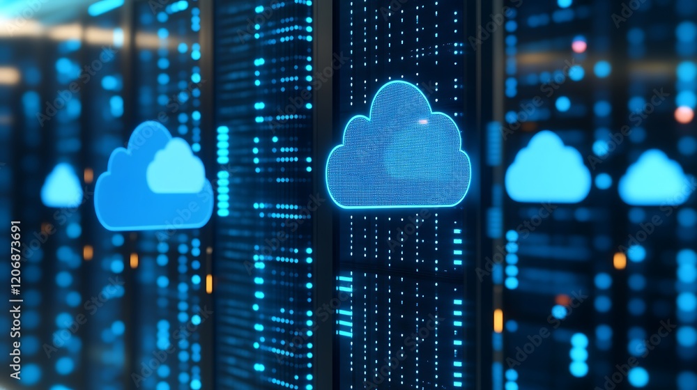 Poster cloud computing technology with neon icon in server room for data storage and digital network soluti