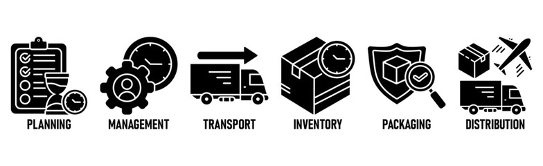 Logistics icon set and web header banner with buildings, trucking, people and shipping box