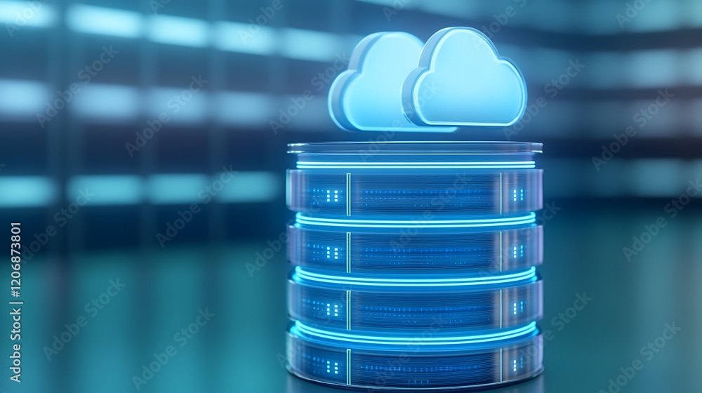 Poster cloud data storage concept with luminous server racks and stylized cloud icons in high-tech environm
