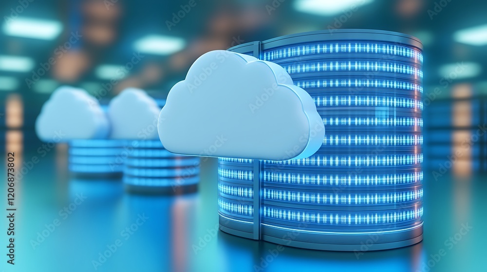 Poster cloud data storage concept with digital blue lights and abstract background for technology and innov