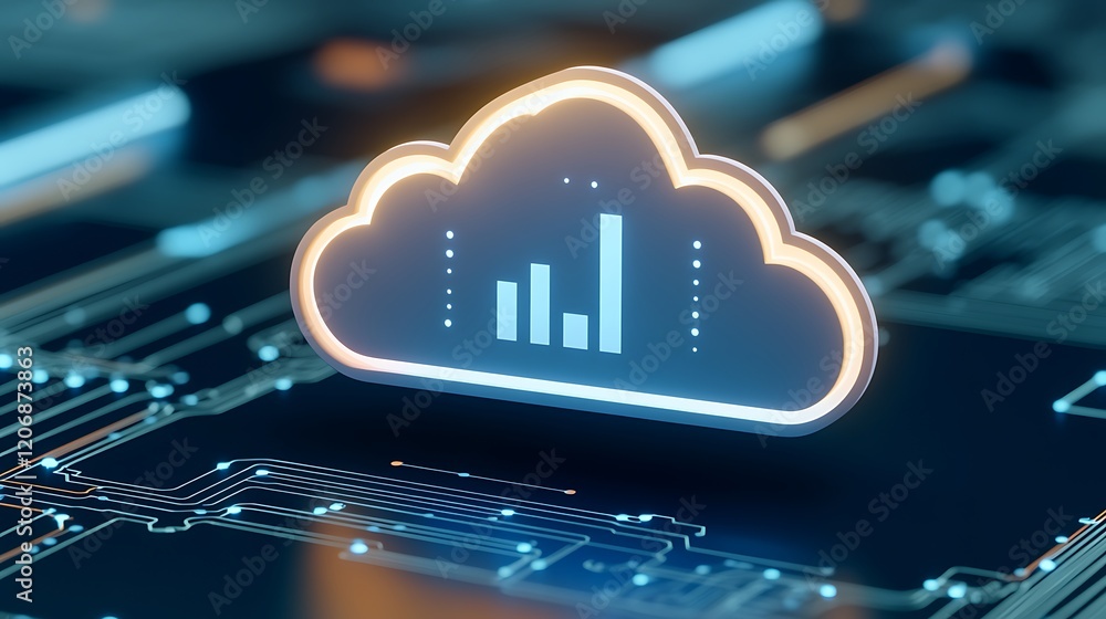 Poster cloud icon with graph bars overlay on circuit board technology background for data visualization con