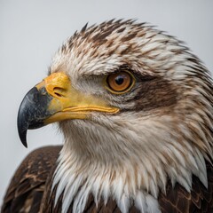 Naklejka premium A close-up of an eagle's sharp gaze, its eyes glowing brightly, on a white background.