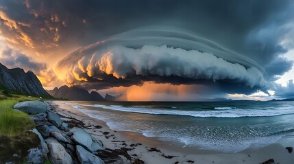  A dramatic ocean scene at sunset with a large, dark cloud over the water and a mountainous coastline in the background. The sky is filled with vibrant colors, creating a striking contrast.