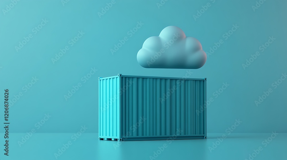 Poster cloud over container in minimalist style illustrating modern storage and technology concept