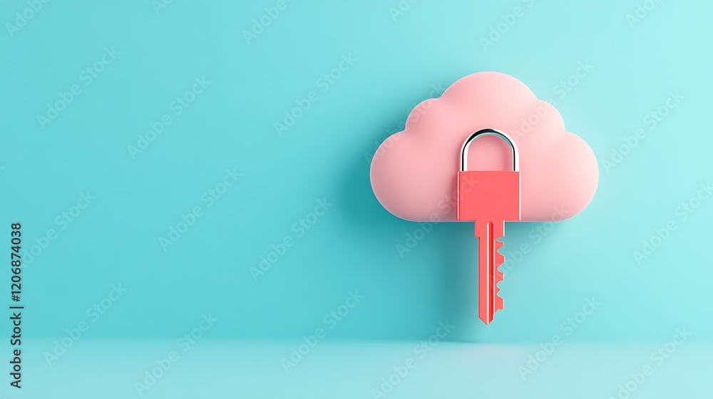Poster cloud security concept with a pink cloud icon and a key lock in a soft blue background for digital p