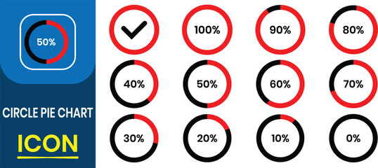 Circle pie chart icons. Segment of circle icons 10% - 100%, loading data interface. Pie chart for data analysis, business presentation, Premium quality graphic design icon vector illustration.