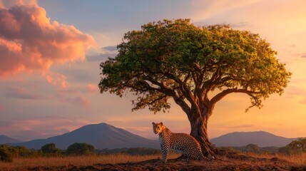 Obraz premium Otherworldly Safari: Surreal Tree with Zebra and Leopard Patterns