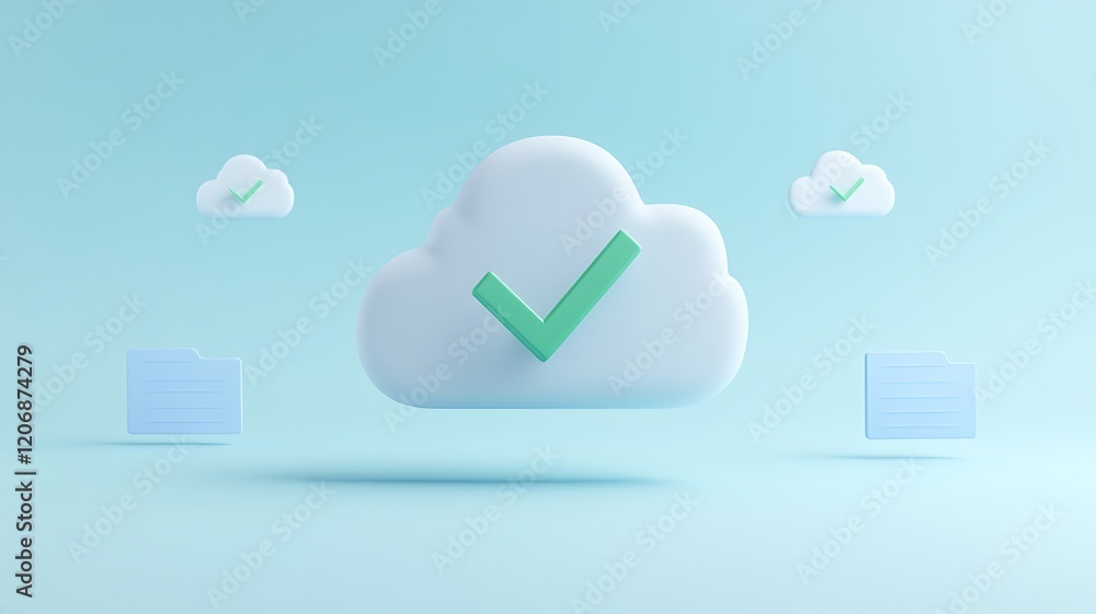 Poster cloud storage concept with check mark, folders and blue background for digital data management and o
