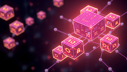 Naklejka premium Digital Blockchain Network Represented by Glowing Cubic Nodes and Connections