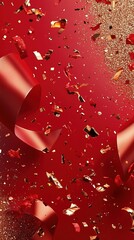 Festive Red Abstract Background with Golden Confetti and Ribbons: Dynamic 3D Design for Celebratory Marketing. AI-Generated Luxury Poster Elements with Flowing Curves and Copy Space. Versatile Backdro