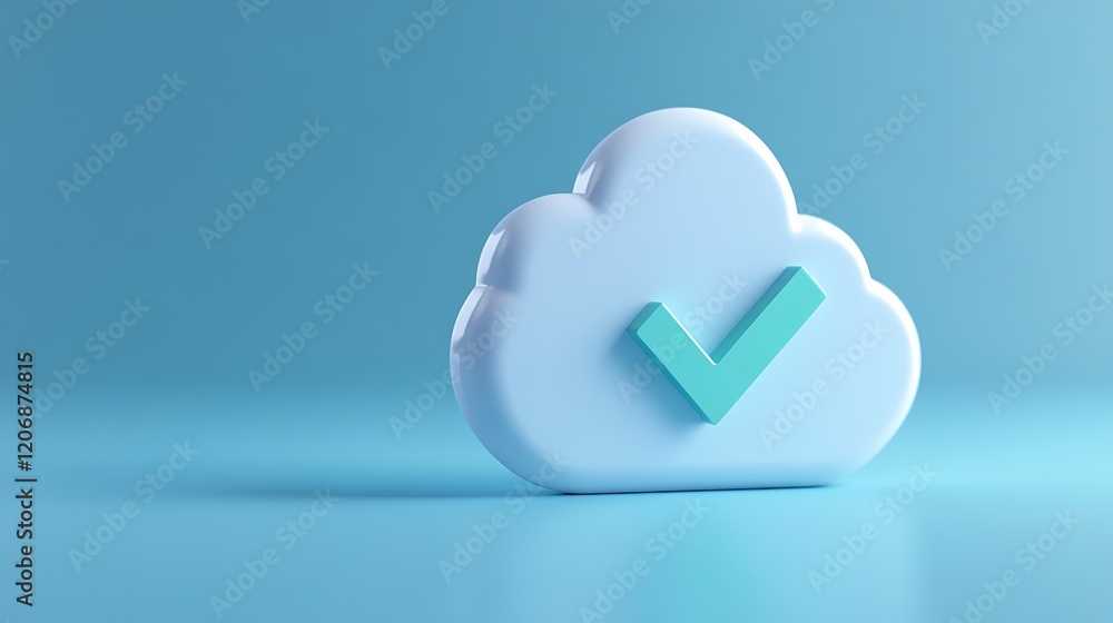 Poster cloud symbol with check mark on a soft blue background representing online data validation and secur