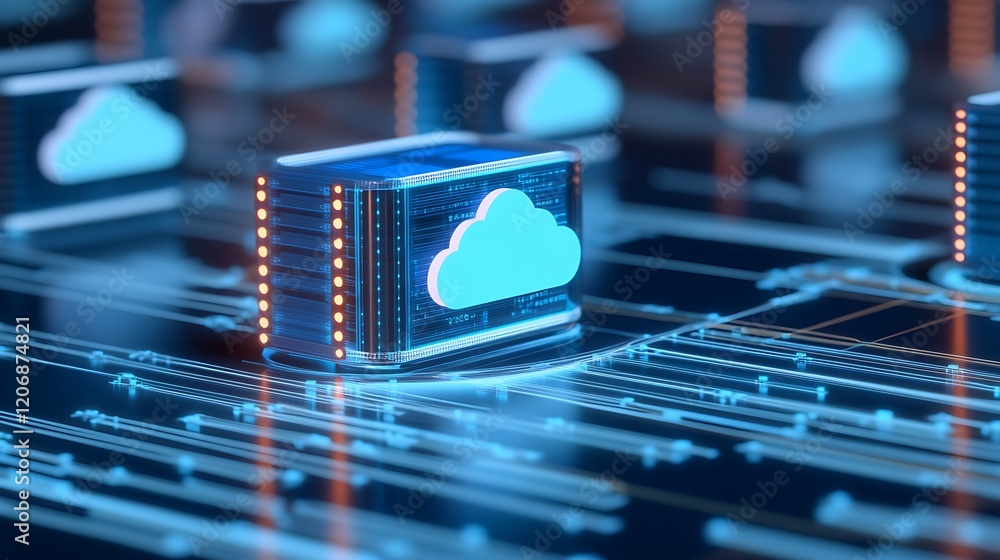 Poster cloud storage technology concept with digital network connections and data transmission visualizatio