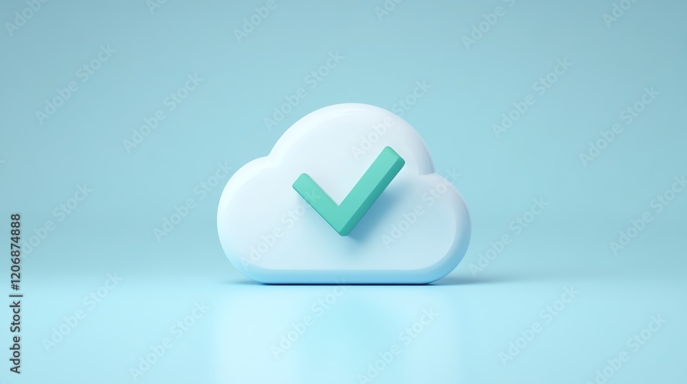 Poster cloud symbol with checkmark against a soft blue background representing digital approval and securit