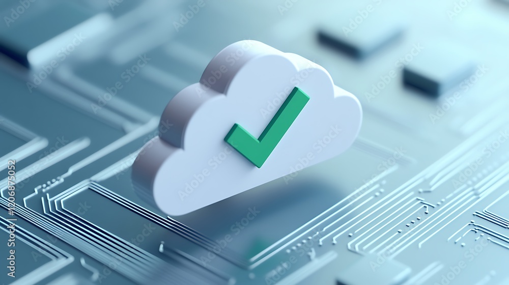 Poster cloud technology concept with green check mark on circuit board background in modern digital environ