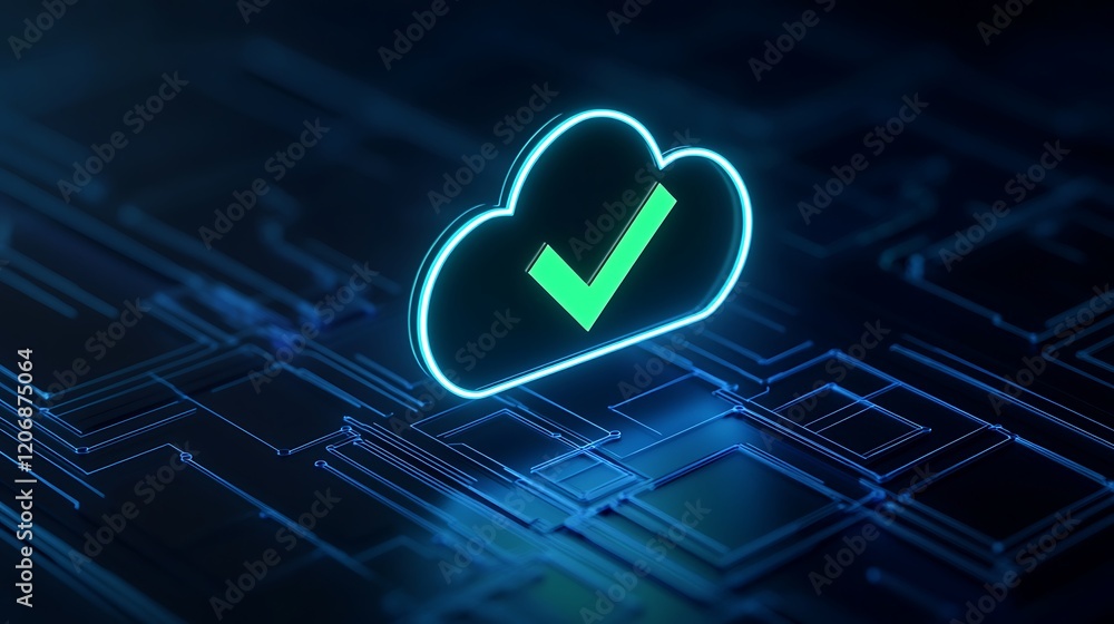 Poster cloud technology concept with green checkmark on dark circuit board background for digital solutions