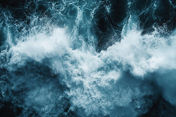 Fototapeta premium Splash of big waves on the sea. Storm. View from above. Generated by artificial intelligence