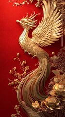 Fototapeta premium Elegant golden phoenix bird rising against a vibrant red background, surrounded by intricate floral designs and ornamental patterns