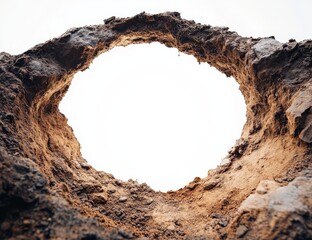 Circular hole in earthy ground, bright sky visible.