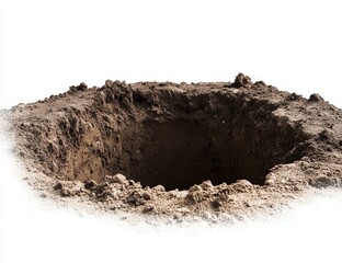 Hole dug in brown earth, isolated on white.