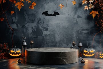 Spooky Halloween Decor with Pumpkins, Bats, and Autumn Leaves