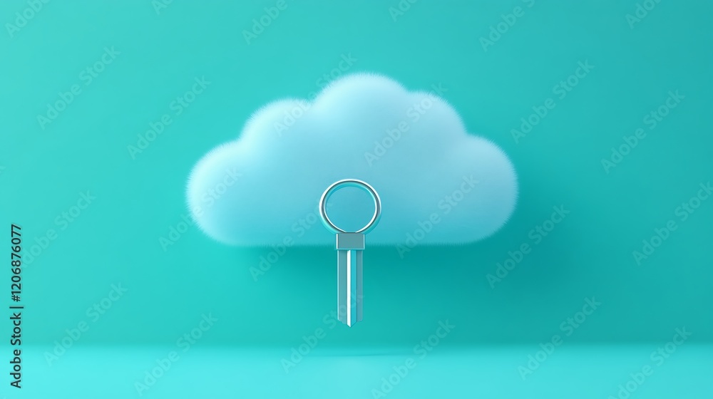 Poster conceptual illustration of key unlocking data in cloud storage with blue background for digital secu