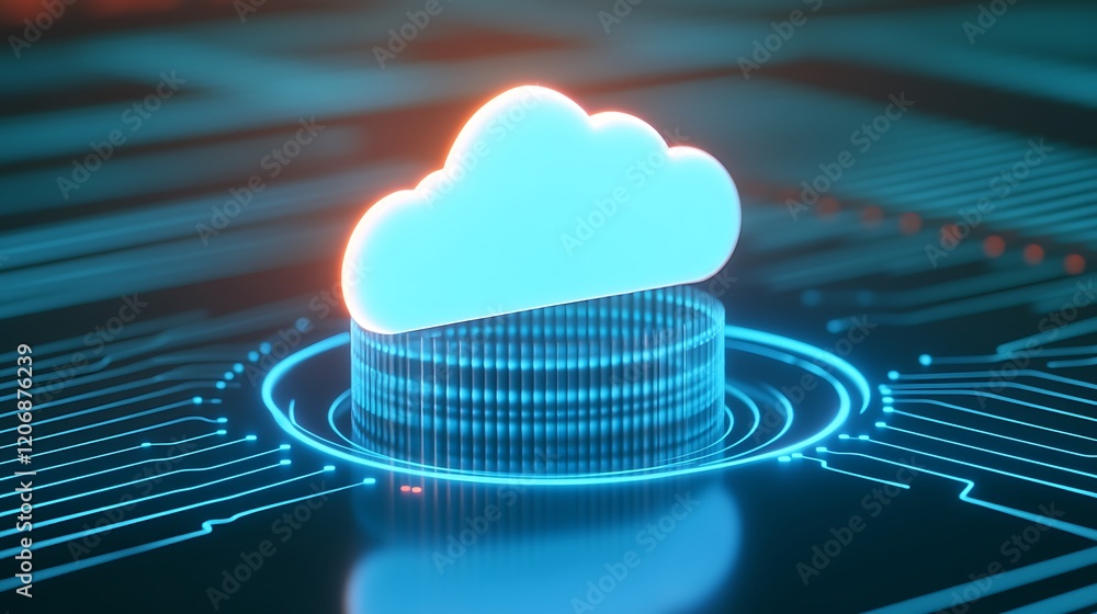 Poster creative illustration of a glowing cloud symbol on a digital circuit board background representing c
