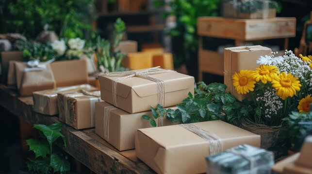 Rustic cardboard gift boxes on wooden table, kraft paper packages with twine, cozy floral wrapping scene for shipping