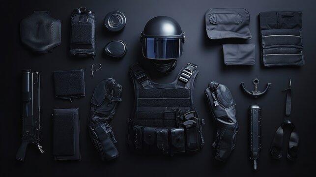 Flat lay of black tactical gear including helmet, vest, and protective pads.