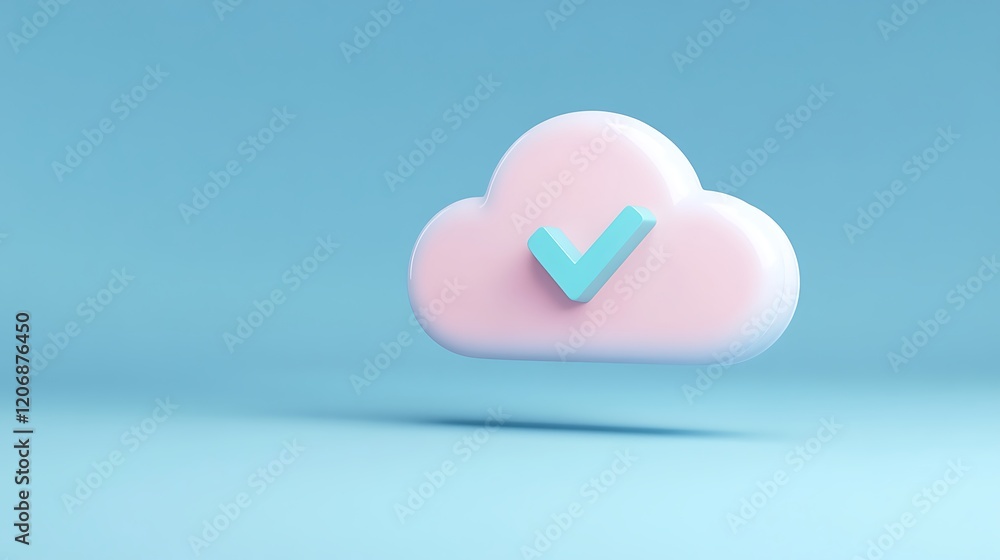 Poster cute pink cloud with checkmark floating on blue background, ideal for tech and cloud-based concepts